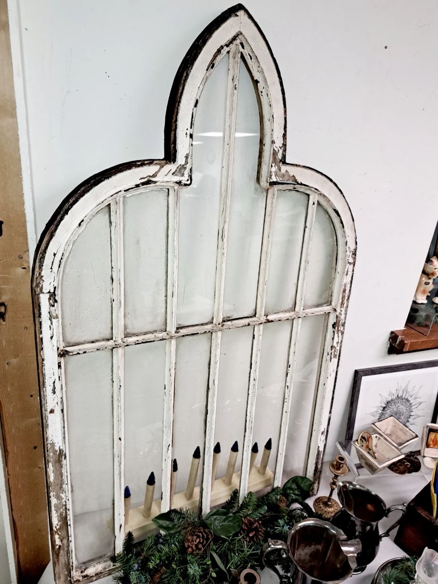 SATURDAY 1/2 OFF ALL REMAINING ITEMS!!
Large 2 Day Estate/Household Sale w/ Pt. 2 Christmas and Holiday Sale. Vintage distressed 52" State Hospital #2 framed window 