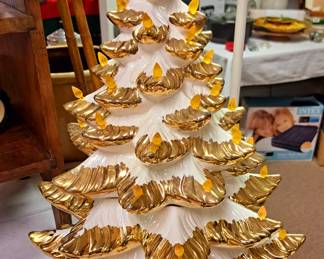Christmas and Holiday Sale Part 2 of 2. Three tier white with gold trim vintage ceramic Christmas Tree