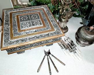 Much home decor, vintage and modern. Copper plated small stand