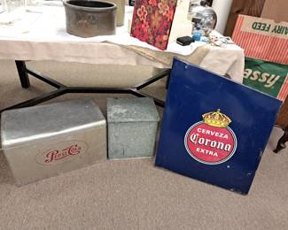 Pepsi Cola cooler, Meadow Gold milk box and Corona cooler panel sign