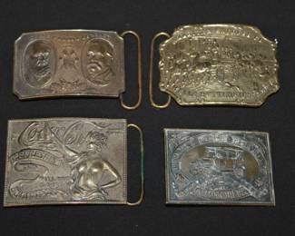 4 Vintage Bronze Belt Buckles, Art Deco Coca Cola Refreshing & Delicious Atlanta, Georgia, 3 1/2" x 2 1/2", American Express, Henry Ford Model T, Wells Fargo Company