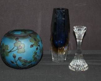 3pc Art Glass Cameo Bowl, 6" Baccarat Candle Stand, 8 1/2" Bud Vase