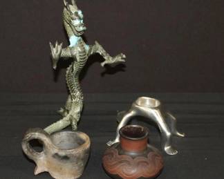 4pc Upright 9 1/2" Bronze Dragon, Catawba Indian Cup, C. Boy Candle Holder, Native Bowl