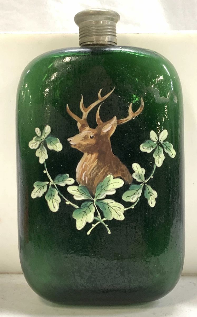 Hand Painted Stag on Green Glass Canteen Flask
