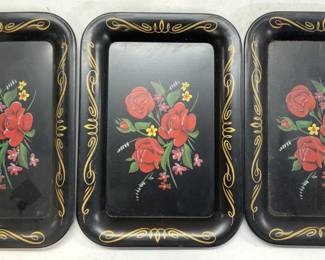 Set 3 Vintage Toleware Vanity Trays W Botanicals
