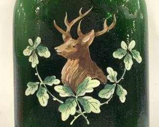 Hand Painted Stag on Green Glass Canteen Flask

