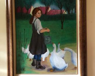 Oil Painting of Girl and Ducks