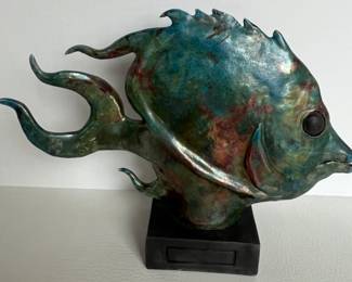 Raku Pottery Fish Sculpture Iridescent Glaze
