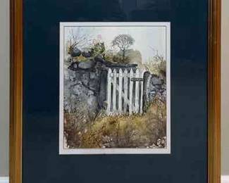 Framed Watercolor Old White Gate Painting By George Cornin 