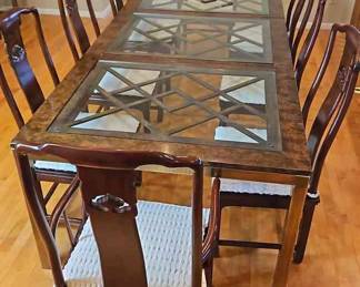 002 Brass, Wood and Glass Dining Room Table With 8 Henredon Chairs