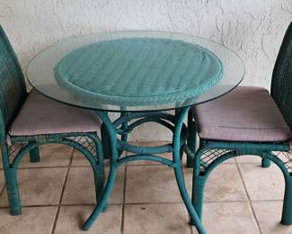 Small Green Wicker Table W 2 Matching Chairs