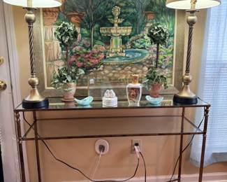 Metal Mirrored Glass Sofa Table With Decor