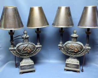 Vintage Art Deco Two Light Table Lamps Qty 2, With Four Shades, 23" x 14" x 6"