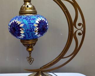 Turkish Mosaic 18.5" Table Lamp On Crescent Moon Hanger, Powers On