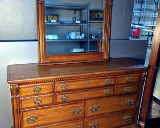 Solid Wood Ten Drawer Dresser With Framed Wood Mirror, 38" x 62" x 17.5", Mirror 45" x 39"