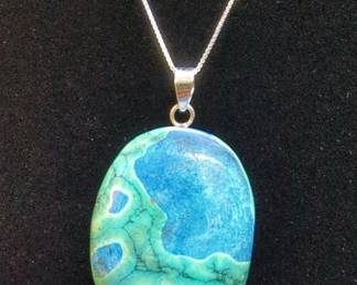 Ocean Agate Pendant, Approx 46.5mm x 33mm, With 925 Sterling Silver Chain And Mounting
