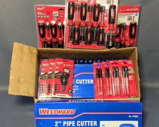 Milwaukee 7 Piece Hollowcore Metric Magnetic Nut Driver Set, Model 48-22-2517, Qty 3, 6 PIece 30 Degree Knuckle Pivoting Bit Holders, Model 48-32-2300, Qty 3, Inkzall Job Site Markers, Qty 5, Westward 2" Pipe Cutter, Model 4YR88, Qty 2, And BrushTech Battery Terminal Cleaners, Qty 50