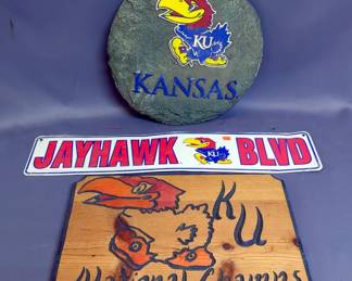 Handcrafted Wood KU Jayhawks National Champs Sign, 11" x 16", Metal Jayhawk Blvd Sign, 5" x 24", And Resin 13" Dia Sign