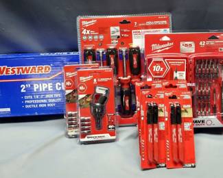 Milwaukee 7Pc Hollowcore Metric Magnet Nut Driver Set, Model 48-22-2517, 42Pc Impact Driver Bit Set, Model 48-32-4407, 6Pc 30 Degree Knuckle Pivoting Bit Holder, Model 48-32-2300, Qty 2, Inkzall Jobsite Markers, Model 48-22-3105, Qty 4 Sets Of 2, And Westward 2" Pipe Cutter, Model 4YR88, All New In Packages