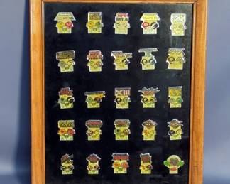 Super Bowl Pin Collection Starting At Super Bowl I Green Bay Packers Vs. Kansas City Chiefs, To Super Bowl XXV, Framed Under Glass, 15.5" x 12.5", Total Qty 25