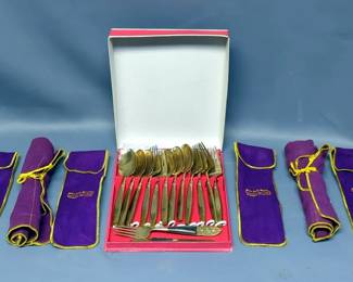 Fine Arts Sterling Silver Flatware, Tranquility Pattern, Includes Sets Qty 4 And 4 Additional Spoons, With Cloth Carriers, And Assorted Vintage Gold Sanderling Flatware Spoons And Forks
