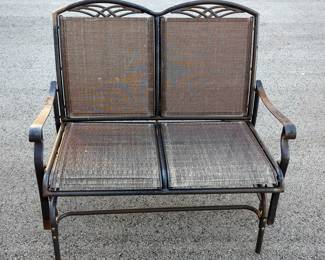 Metal Framed Outdoor Patio Chairs, 41.5" H x 25" W x 30" D, Qty 2. And Metal Framed Rocking Loveseat, 38" H x 44" W x 29" D