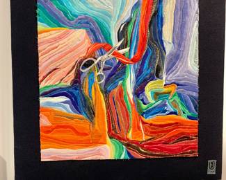 $295 - Abstract art by B.J. Adams - "Red Tape Landscape" - free motion machine embroidery on painted canvas - 21" x 21"