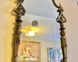 $350 - Vintage brass art dec, etched mirror - 36" H x 21" W