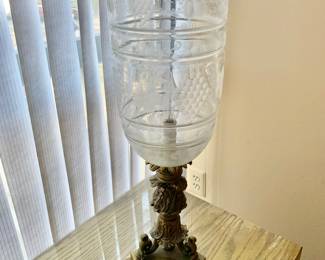 $125 -Electric Candle Holder Lamp With Etched Hurricane (NEEDS TO BE REWIRED)- 22.25" H, base 8" diam