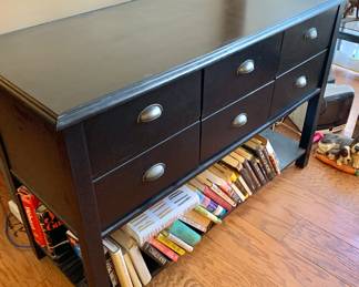 $225 - Black cabinet with lower shelf; the drawers open like cabinets - 33.5" H, 49.5" W, 20" D