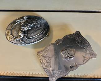 $20 each - Western belt buckles - oval: 2.5" H x 3.25" W; rectangular: 2.25" H x 3.5" W
