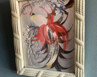 $40 -Mid Century exotic bird painting - 10.5" H x 9" W