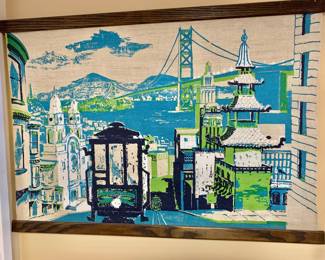 $50 - San Francisco FABRIC wall decor, Chinatown scene -27" H x 37.5" W
