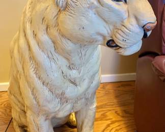 $150 - Life size vintage lion cub (CRACK AND REPAIR ON RIGHT LEG) - approx 35" H, 11" W, 26" D