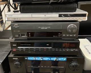 Denon Receiver, RCA VCR, JVC VCR, Toshiba DVD player, and Sony DVD player