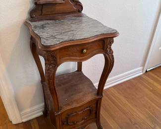 Antique Marble Top Carved Wood Side Table
