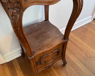 Antique Marble Top Carved Wood Side Table
