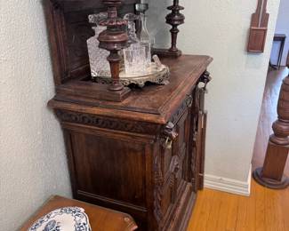Antique European Carved Wood Stained Glass Bar Cupboard 
