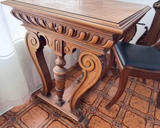Antique European Carved Walnut Desk and Chair
