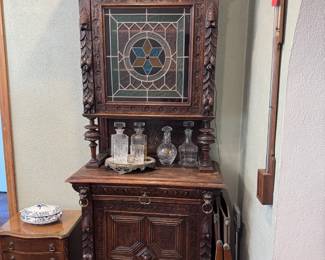 Antique European Carved Wood Stained Glass Bar Cupboard 
