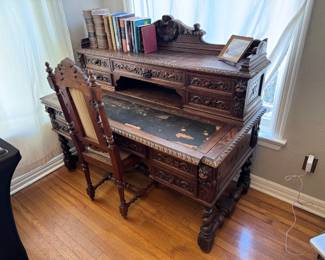 Antique French Baroque Desk Gdansk with Rich Carved Secretary with Chair 
