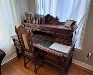 Antique French Baroque Desk Gdansk with Rich Carved Secretary with Chair 
