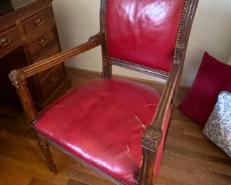 Antique Ornate Carved Wood Chair Red Leather 

