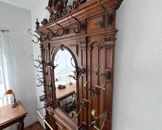 Antique French Carved Walnut 16 Hook Hall Stand 
