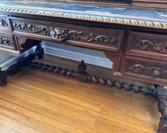 Antique French Baroque Desk Gdansk with Rich Carved Secretary with Chair 
