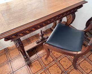 Antique European Carved Walnut Desk and Chair
