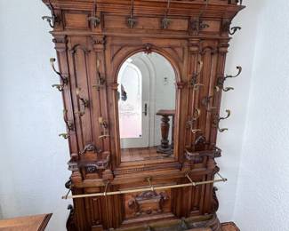 Antique French Carved Walnut 16 Hook Hall Stand 
