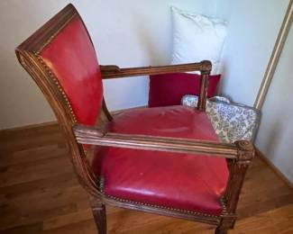 Antique Ornate Carved Wood Chair Red Leather 
