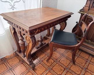 Antique European Carved Walnut Desk and Chair

