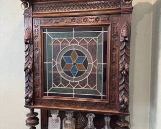 Antique European Carved Wood Stained Glass Bar Cupboard 

